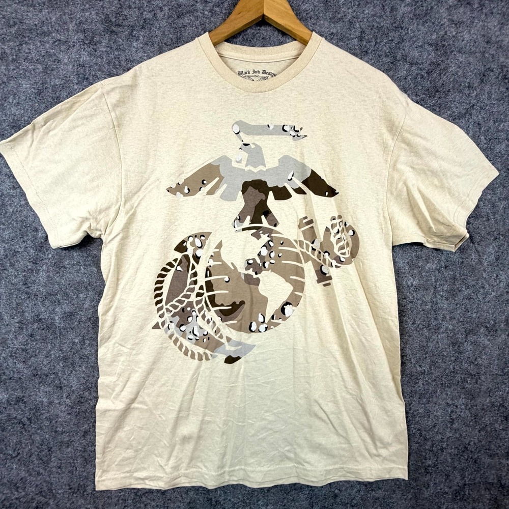Black Ink Design T-Shirt Mens Large Beige Eagle Globe & Anchor USMC Marines